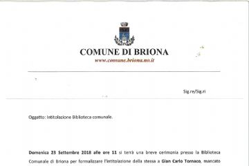 INTITOLAZIONE BIBLIOTECA COMUNE DI BRIONA A &quot;GIAN CARLO TORNACO&quot;